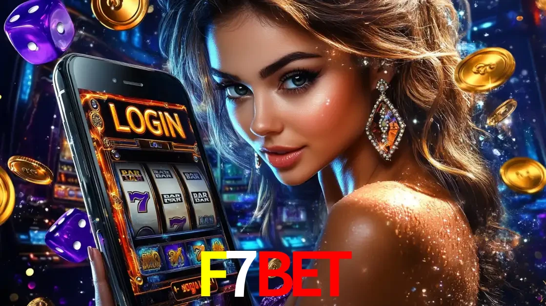 Mulher glamorosa segurando um smartphone com a tela de login para os jogos de caça-níqueis do cassino online F7BET, com moedas de ouro e dados ao redor.